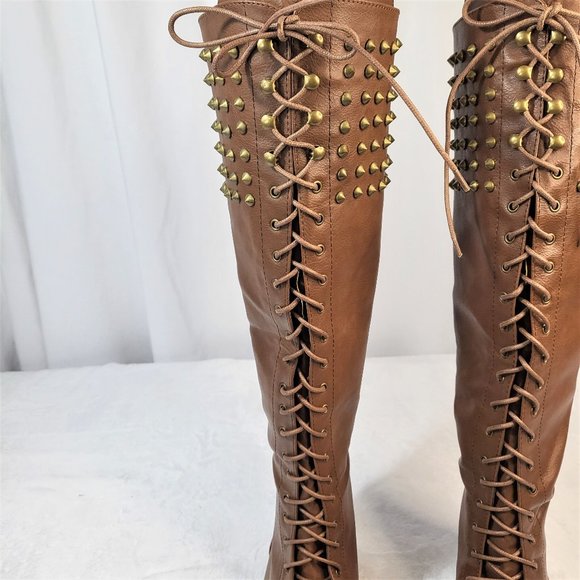 Pink Dutchess Chunky Heel Lace-Up Over The Knee Riding Boots With Studds - Picture 5 of 9